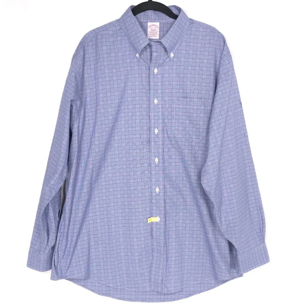 BROOKS BROTHERS Est.1818 Blue Plaid‎ Dress Shirt Supima Cotton Non Iron 16.5 34